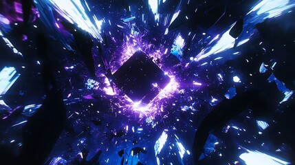 Abstract purple and blue energy cube explosion.