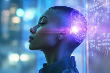 A woman with a glowing brain, symbolizing intelligence and knowledge, against a backdrop of mathematical equations.
