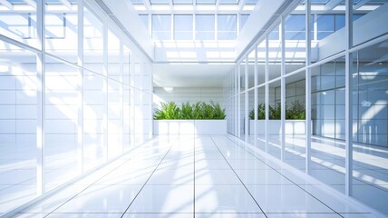 interior of modern office building with large glass windows and a spacious white interior reflecting a clean and futuristic design	