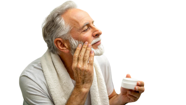 senior citizen applying moisturizer on his face isolated on transparent background
