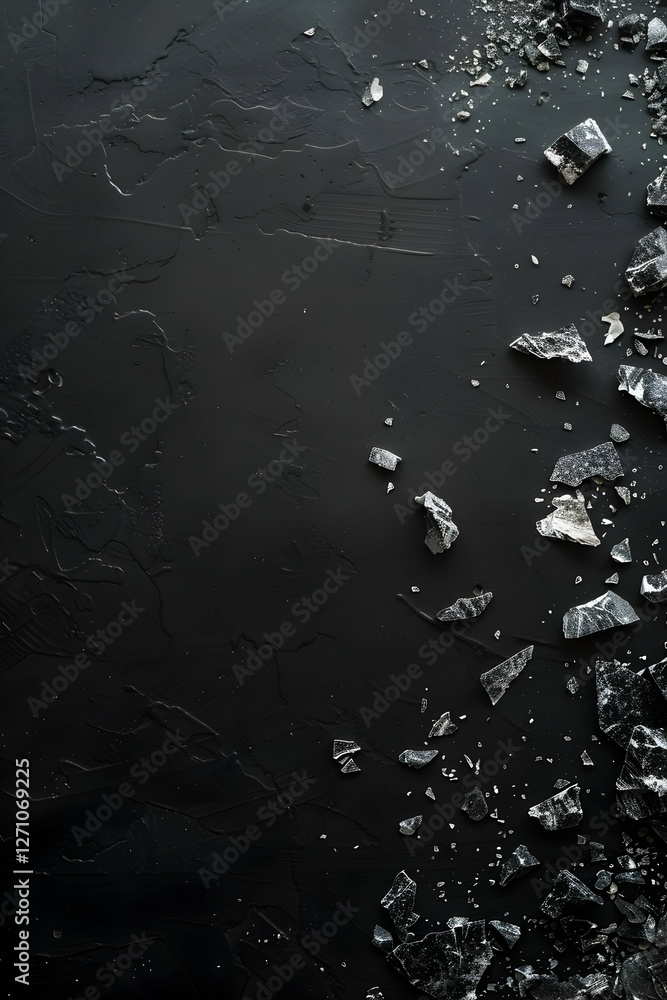 Poster dark textured background with scattered shards of glass creating a dramatic visual effect