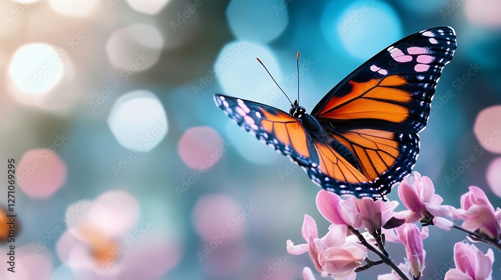 Poster vibrant orange butterfly perched on delicate pink flowers with a dreamy bokeh background creating a 