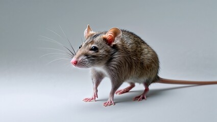 Small house mouse standing on gray background