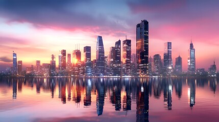 a stunning skyline of a modern city reflecting on calm water, bathed in the soft glow of a sunset