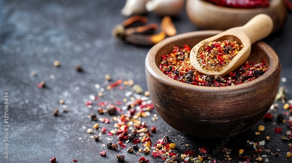 Aufkleber Colorful array of aromatic spices in wooden bowls featuring a rich texture and vibrant colors on a rustic surface : Generative AI