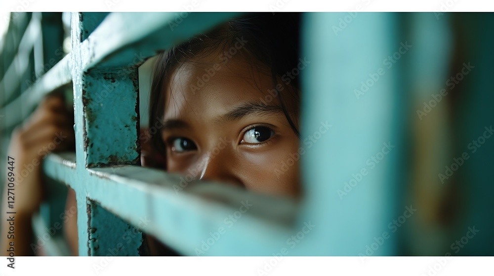 Poster young girl peering through a latticework structure with a thoughtful expression : generative ai