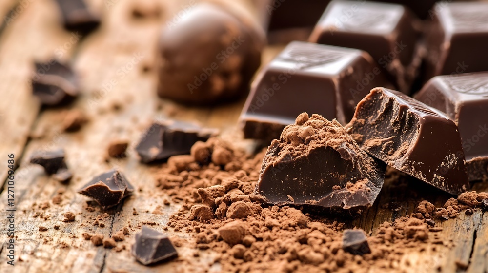 Poster delicious dark chocolate pieces scattered on wooden table with cocoa powder and a rich texture invit