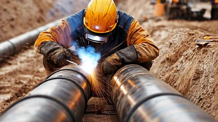 Worker welder in action: welding pipeline with precision and safety gear in construction zone