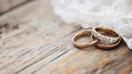 Elegant wedding rings beautifully displayed on rustic wooden background showcasing love and commitment : Generative AI