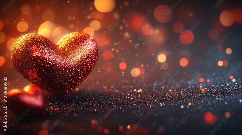 Poster a sophisticated and animated valentine's day design with metallic red hearts dispersed on a matte re