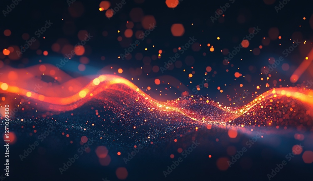 Poster glowing particle waves flowing dynamically across a dark background, abstract digital art