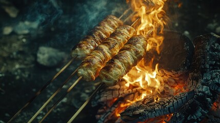 rustic bread dough wrapped on wooden sticks, roasting over a campfire, with golden brown crust forming in the glowing heat. 