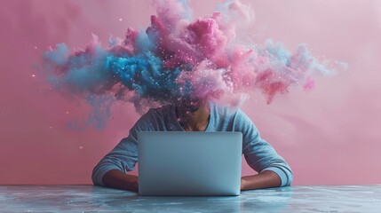 A person seated at a desk with a laptop, surrounded by colorful smoke clouds, symbolizing creativity