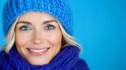 Smiling Young Woman in Cozy Blue Knit Hat and Purple Scarf Against Bright Blue Background
