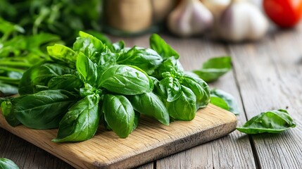 Fresh basil leaves arranged on cutting board surrounded by garlic and tomatoes perfect for cooking : Generative AI
