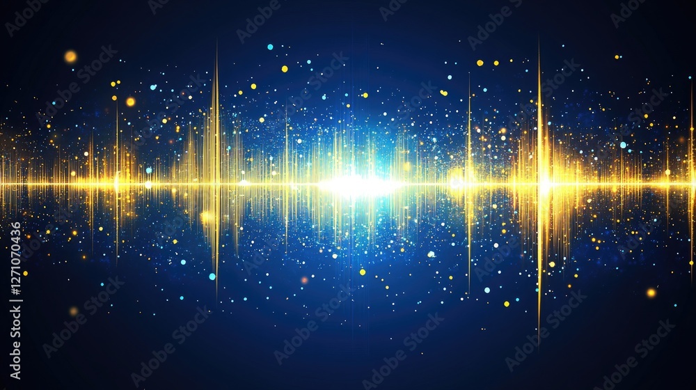Poster smooth flowing sound waves in golden hues, gently pulsing against a deep blue background with subtle