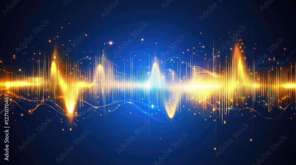 Poster smooth flowing sound waves in golden hues, gently pulsing against a deep blue background with subtle