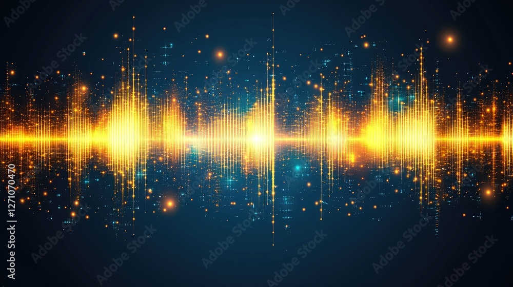 Aufkleber smooth flowing sound waves in golden hues, gently pulsing against a deep blue background with subtle