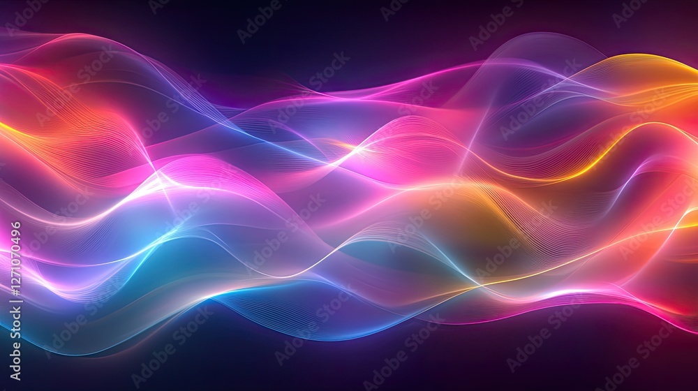 Poster smooth iridescent sound waves forming an abstract pattern with soft, glowing light effects.
