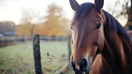 Obraz premium Close Up of a Beautiful Brown Horse in a Natural Outdoor Setting Surrounded by Fences and Pasture : Generative AI