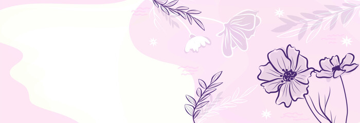 Elegant floral banner with pink flowers. Hand drawn botanical contour background for invitations, social media and web design. Pastel aesthetic with abstract organic shapes and gentle lines.