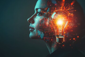 A woman's profile merges with a glowing lightbulb, symbolizing innovation and bright ideas in a digital age.