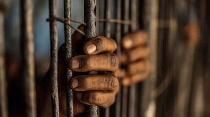 A Close View of Hands Holding onto Metal Bars Symbolizing Confinement and Struggle : Generative AI