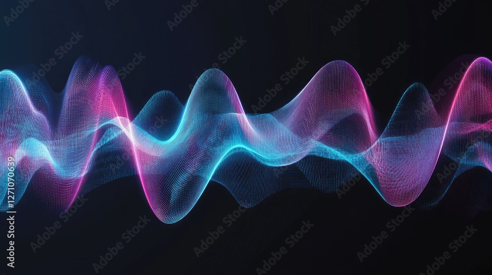 Poster smooth iridescent sound waves forming an abstract pattern with soft, glowing light effects.