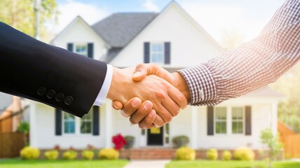 handshake in front of a house, business agreement for real estate, buying or selling a home, deal completion
