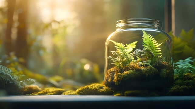 Glass jar terrarium with moss and ferns in sunlight.