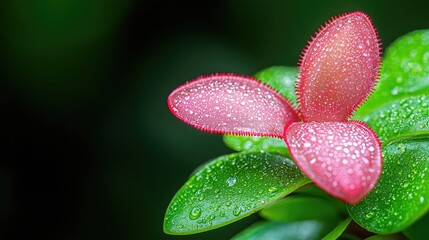 Dewy pink leaves, lush green foliage, garden closeup