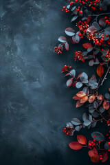 Vibrant autumn leaves with red berries against a textured dark background, ideal for seasonal decor