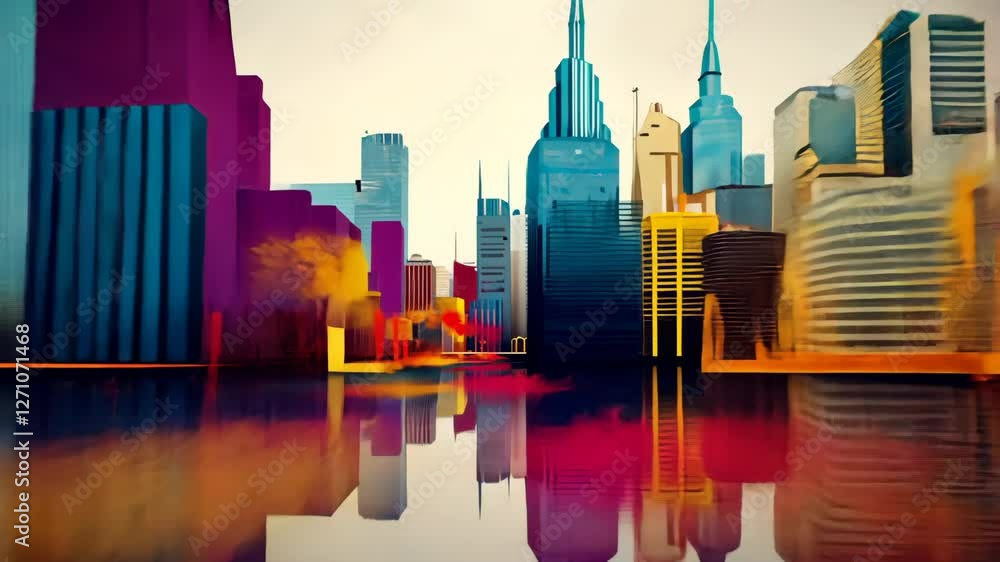 Poster a striking abstract metropolis features towering skyscrapers and vibrant buildings, creating a dynam