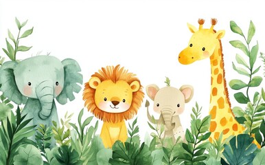 Naklejka premium Adorable baby safari animals in a watercolor jungle frame, featuring playful giraffes, a smiling elephant, a tiny lion cub, and a monkey, all with soft hand-painted textures and a bright, cheerful