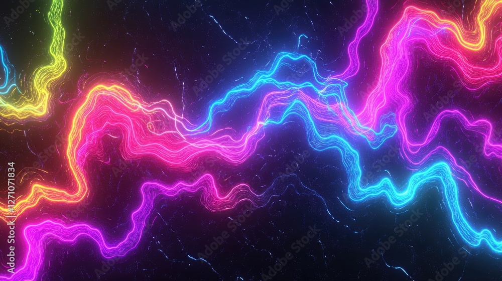 Poster vibrant neon sound waves pulsing with energy, featuring a multicolor gradient on a black background 