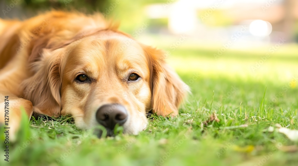 Poster golden retriever relaxing on green grass with a calm expression and beautiful natural lighting : gen