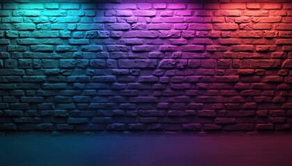 Brick wall illuminated by colored lights. Blue, green, teal, turquoise, purple, pink, magenta, red, orange, yellow colors glow at night in urban grunge style. Abstract graphic design in modern