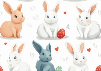 Fototapeta premium A seamless pattern featuring funny bunnies. This illustration showcases adorable Easter bunnies with eggs and hearts. It's a vibrant Easter background suitable for textiles, fabric, covers,