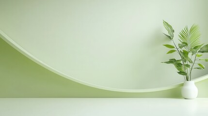 Minimalistic green interior with a leafy plant in a white vase set against a curved wall.