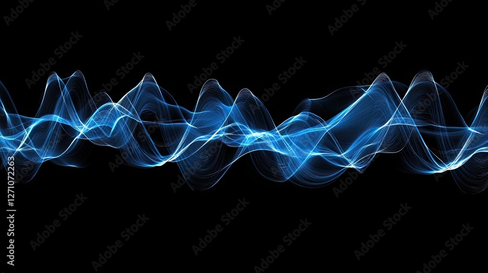 Wall mural Abstract black and neon blue sound waves forming fluid, rhythmic motion in a high-tech setting.