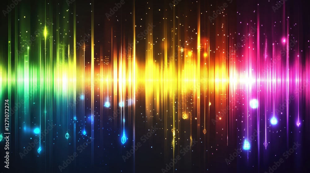 Poster abstract colorful sound waves dynamically vibrating in a three-dimensional space, with futuristic li
