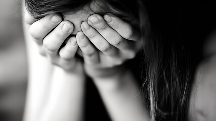 A closeup image of a child's hands covering their face representing feelings of sadness and distress : Generative AI