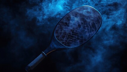 A product photo of an elegant padel paddle, the background is dark and moody with blue smoke