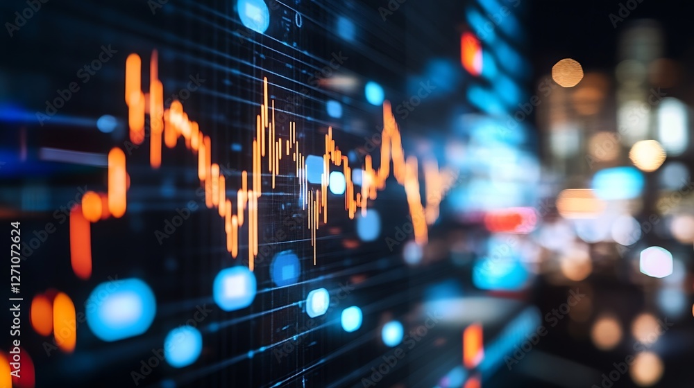 Leinwandbilder Dynamic digital stock market data visualized on a screen showing trends and analytical graphs at night : Generative AI