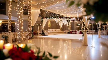 Elegant wedding venue interior decorated with fairy lights and floral arrangements for a magical celebration : Generative AI