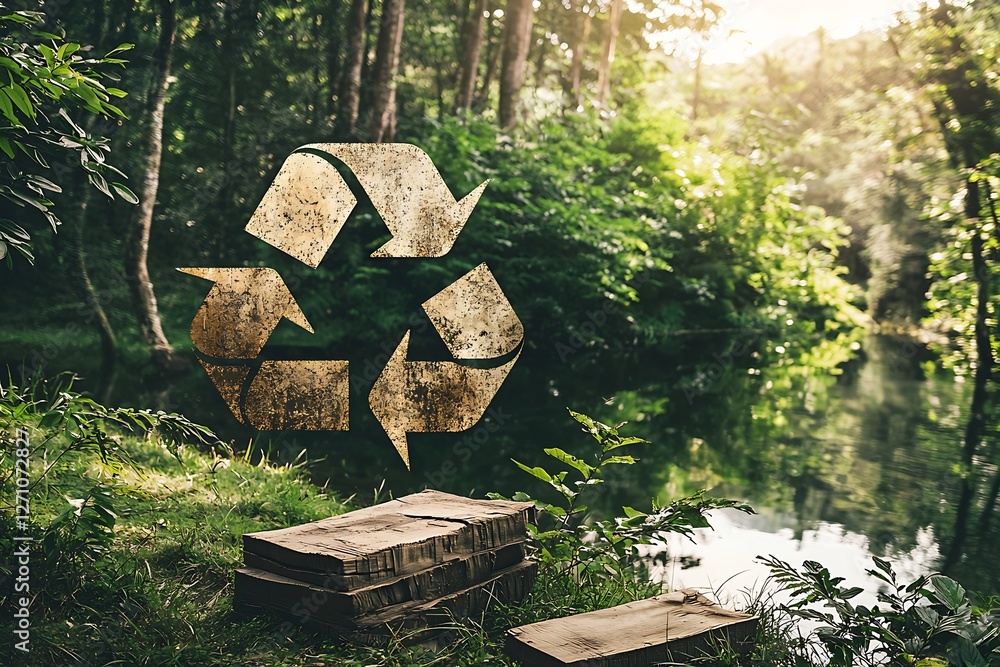 Poster recycling symbol in a serene natural setting near a calm pond surrounded by lush greenery and sunlig