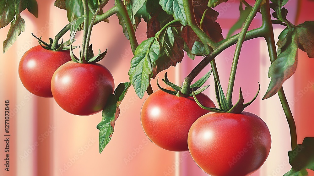Poster freshly ripened tomatoes hanging on a vine against a soft background : generative ai
