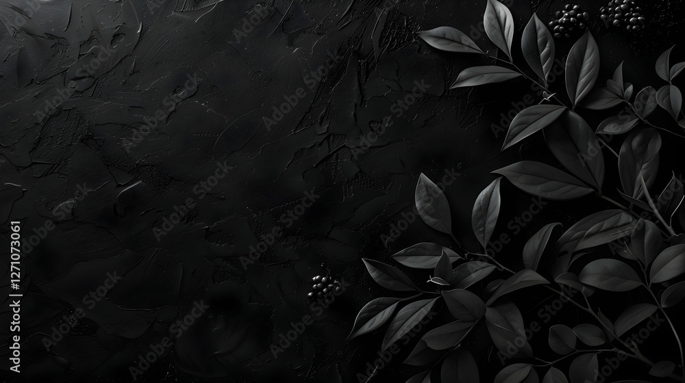 Poster black textured background with dark leaves and berries, creating a moody aesthetic for design use