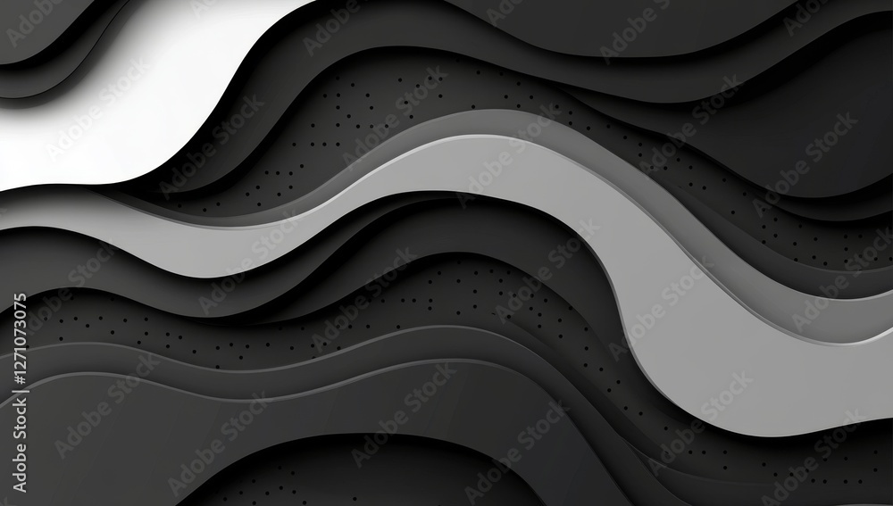 Poster a modern black and white pattern with interconnected arcs, flowing curves, and symmetrical geometric