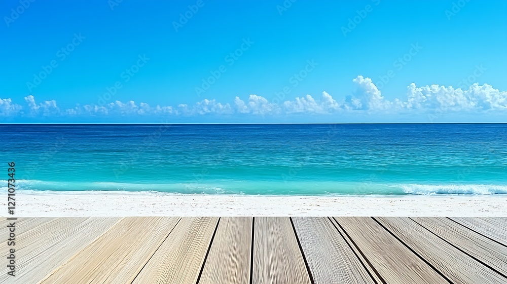 Poster serene beach view with soft waves and a wood deck under bright clear sky on a tropical shore : gener